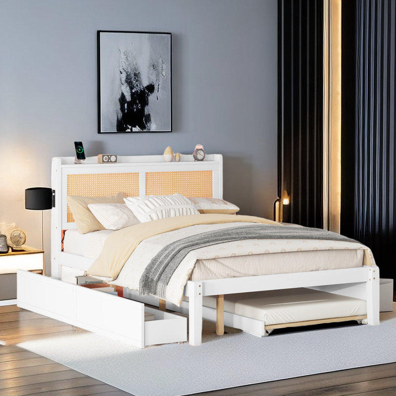 Bay Isle Home Skylloura Rattan Platform Bed with USB Ports Trundle and Two Drawers Wayfair